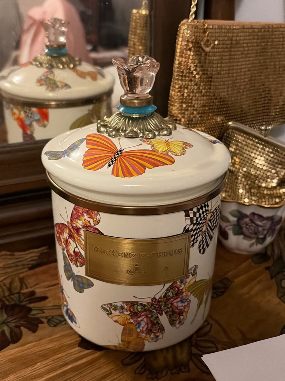 MacKenzie-Childs White Butterfly Porcelain Canister with Pink Glass Finial